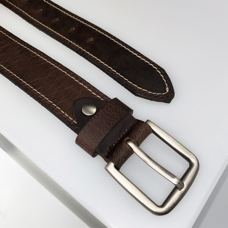 Men’s Brown Leather Belt with Topstitching | Made in France