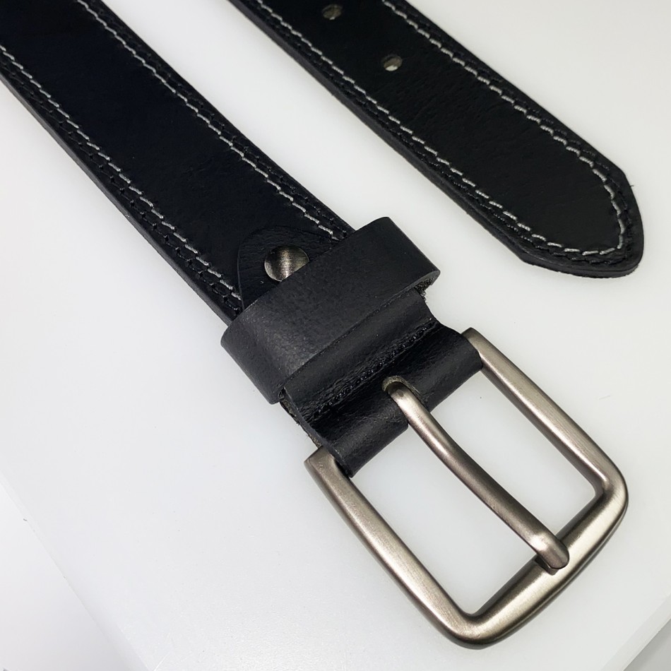 Men’s Black Leather Belt with Topstitching | Made in France