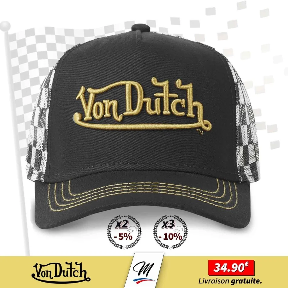 VON DUTCH Trucker Cap "RACE" Gold Logo Checkerboard Back Mesh