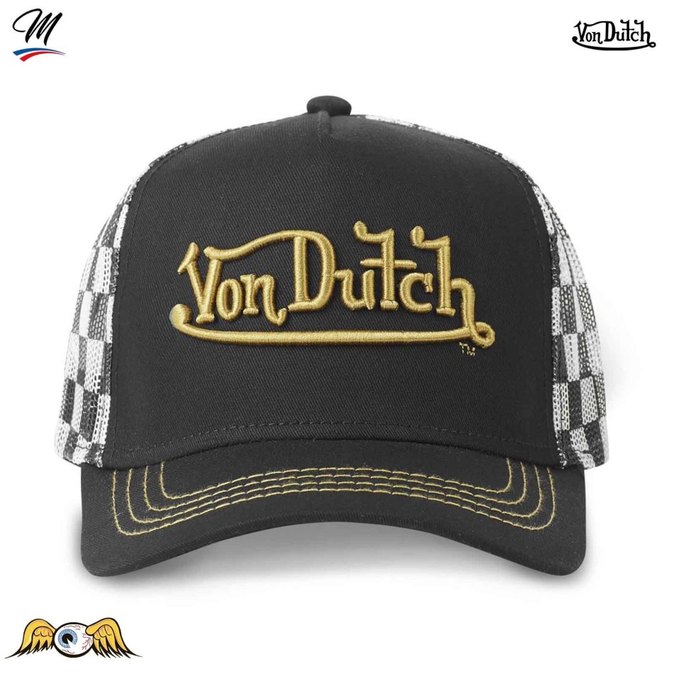 VON DUTCH Trucker Cap "RACE" Gold Logo Checkerboard Back Mesh