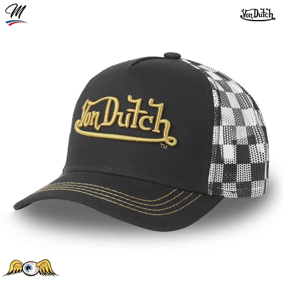VON DUTCH Trucker Cap "RACE" Gold Logo Checkerboard Back Mesh
