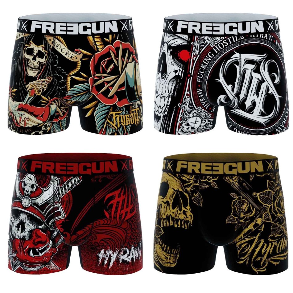 FREEGUN Set of 4 Men's Rock & Tattoo "HYRAW" Skull & Crossbones Boxer Briefs