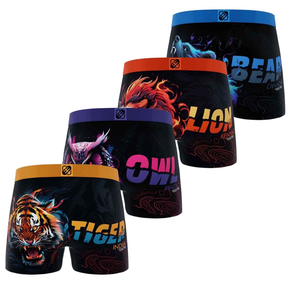 FREEGUN Set med 4 boxerkalsonger med djurmotiv för pojkar Lion, Tiger, Wolf