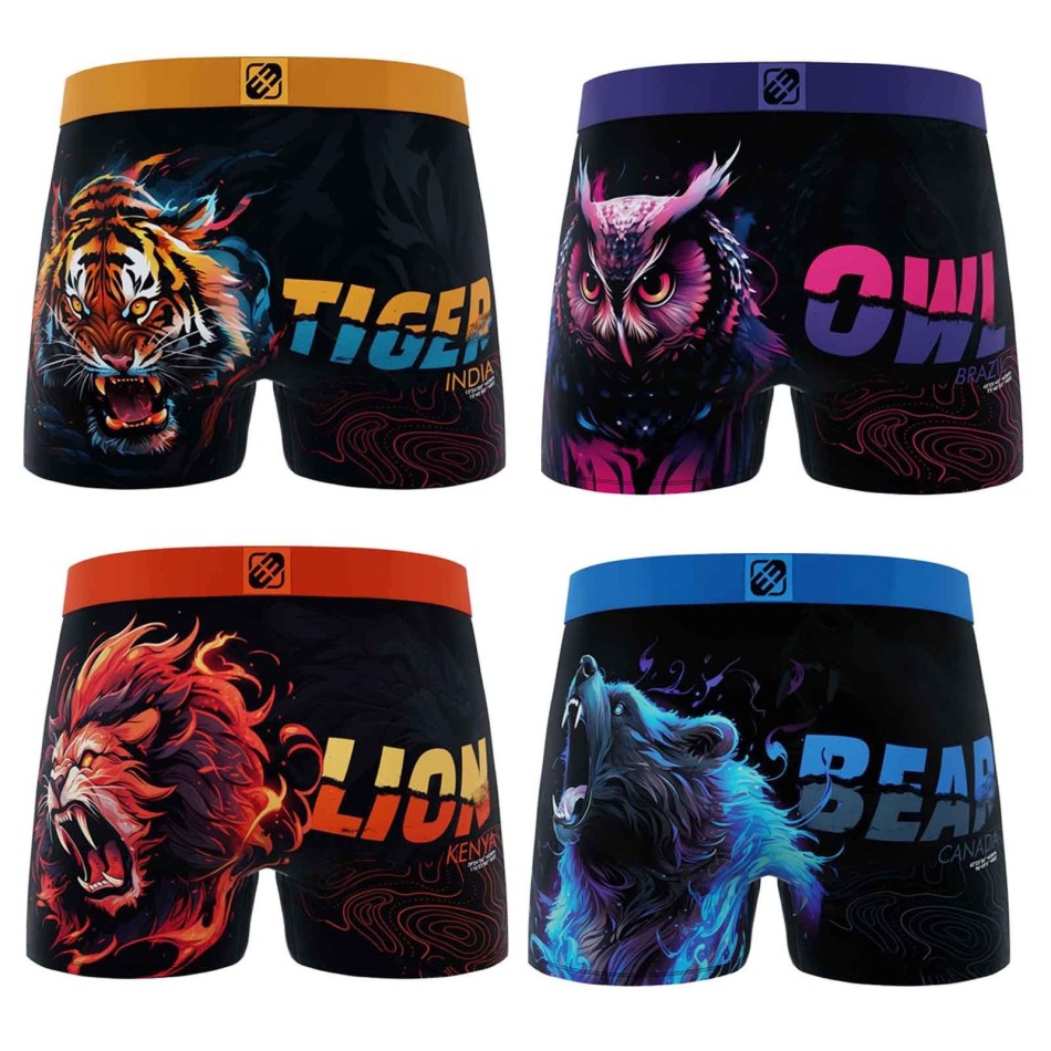 FREEGUN Set med 4 boxerkalsonger med djurmotiv för pojkar Lion, Tiger, Wolf