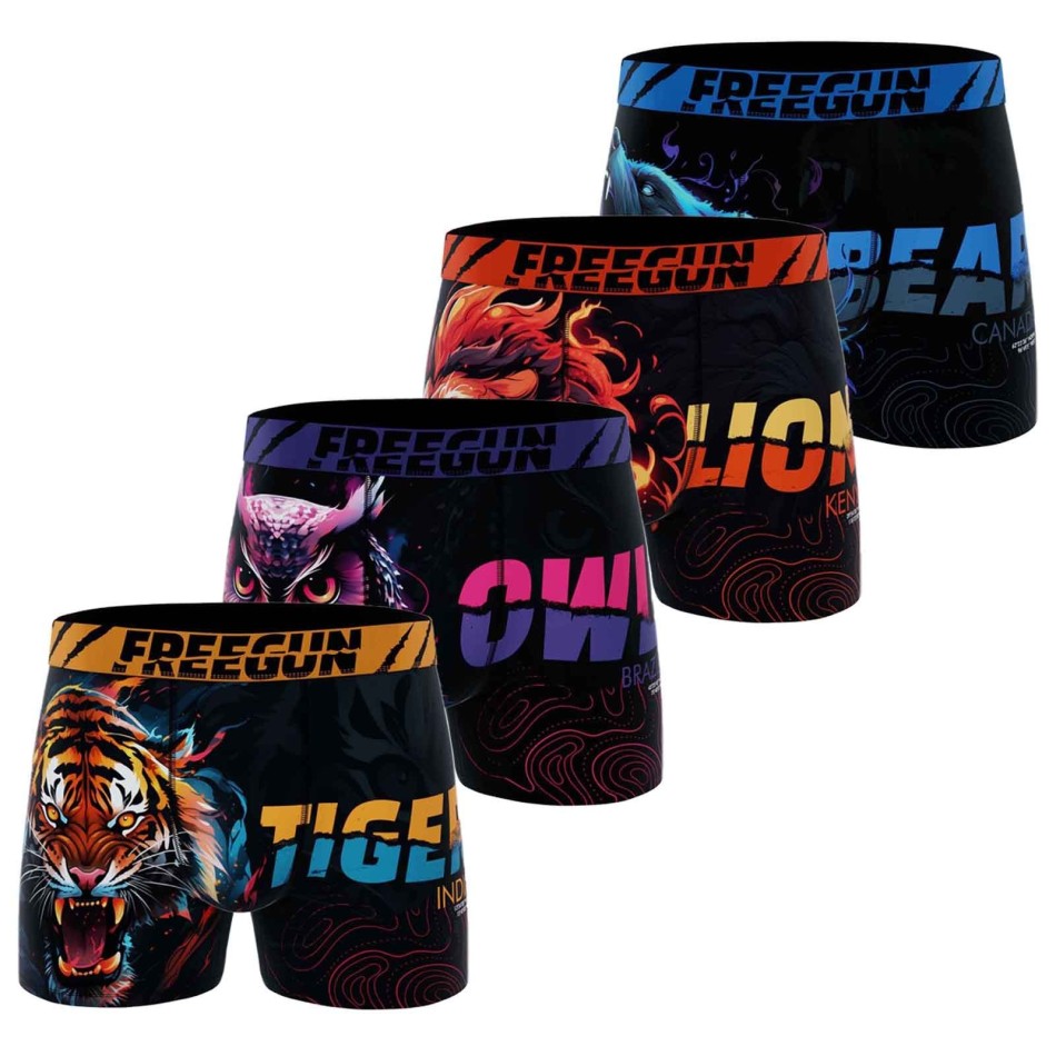 FREEGUN Set med 4 boxerkalsonger med djurmotiv för pojkar Lion, Tiger, Wolf