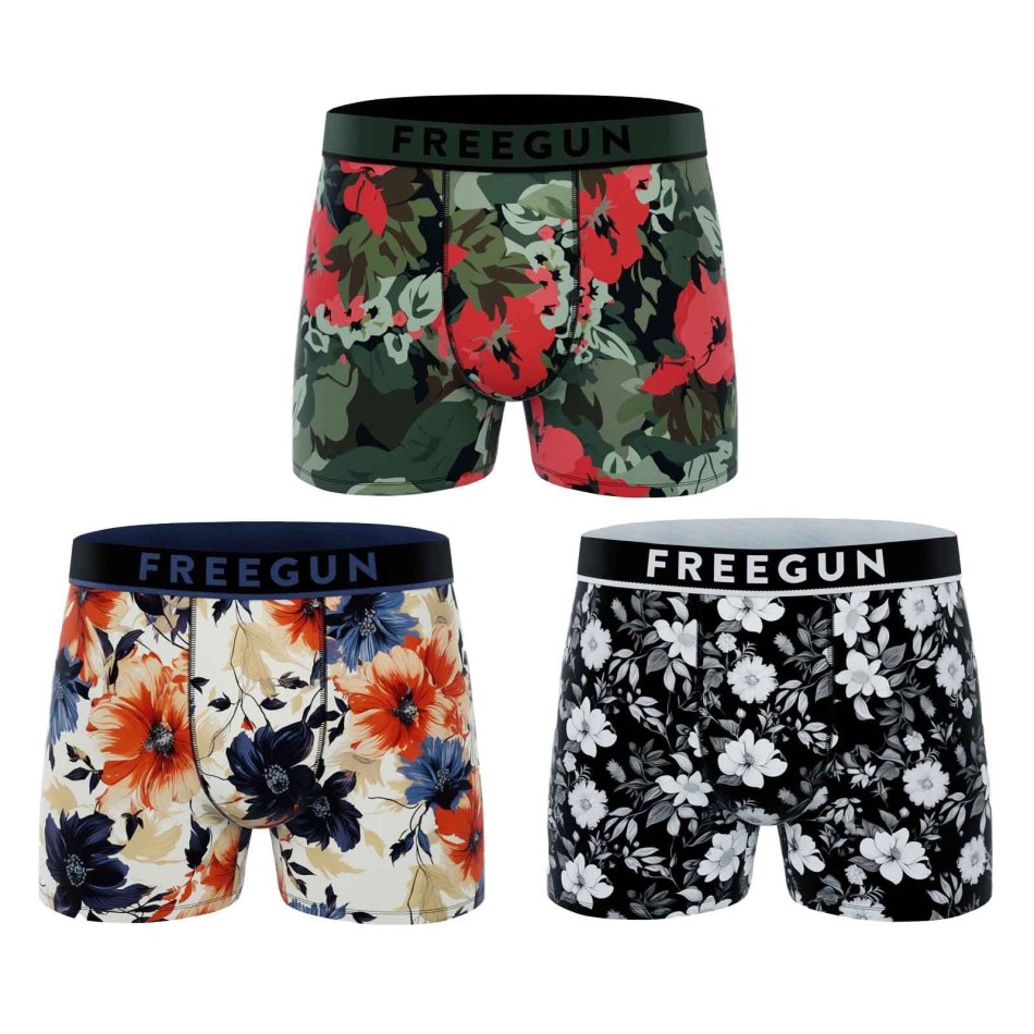 FREEGUN Set med 3 "Premium Signature Flowers" bomullsboxershorts för män