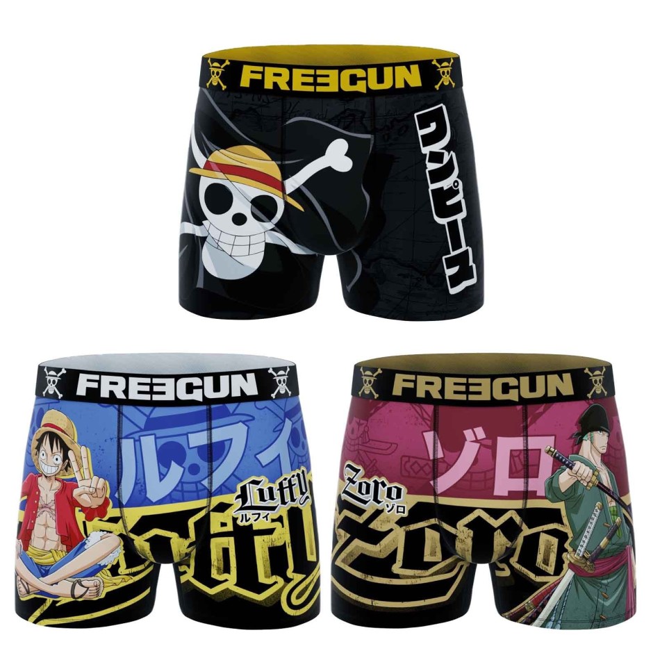 FREEGUN Set om 3 Luffy Zoro "One Piece" mikrofiberboxershorts för pojkar