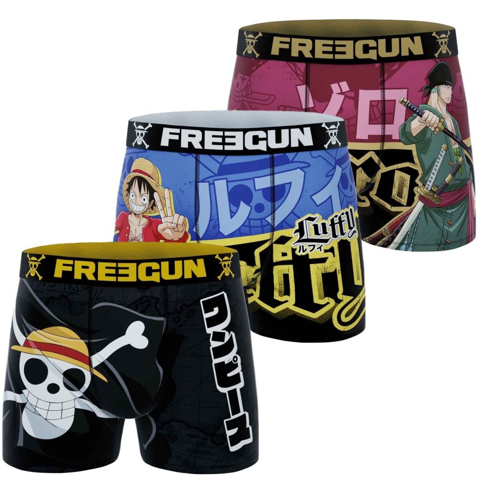 FREEGUN Set om 3 Luffy Zoro "One Piece" mikrofiberboxershorts för pojkar