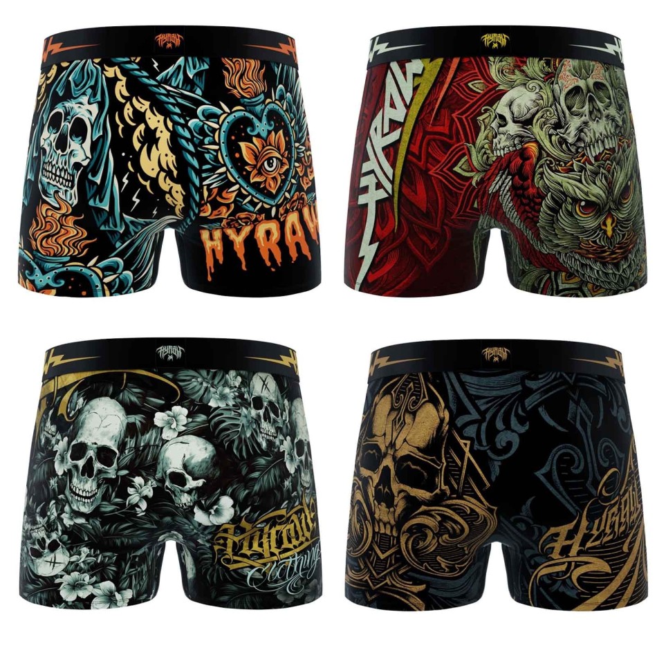 FREEGUN Set om 4 Rock & Tattoo "HYRAW" Skull & Crossbones boxershorts för män