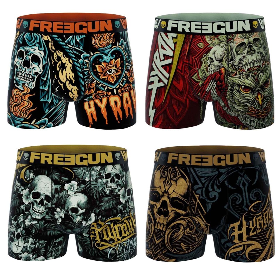 FREEGUN Set om 4 Rock & Tattoo "HYRAW" Skull & Crossbones boxershorts för män
