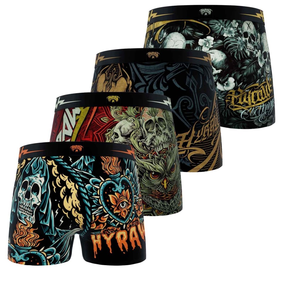 FREEGUN Set om 4 Rock & Tattoo "HYRAW" Skull & Crossbones boxershorts för män