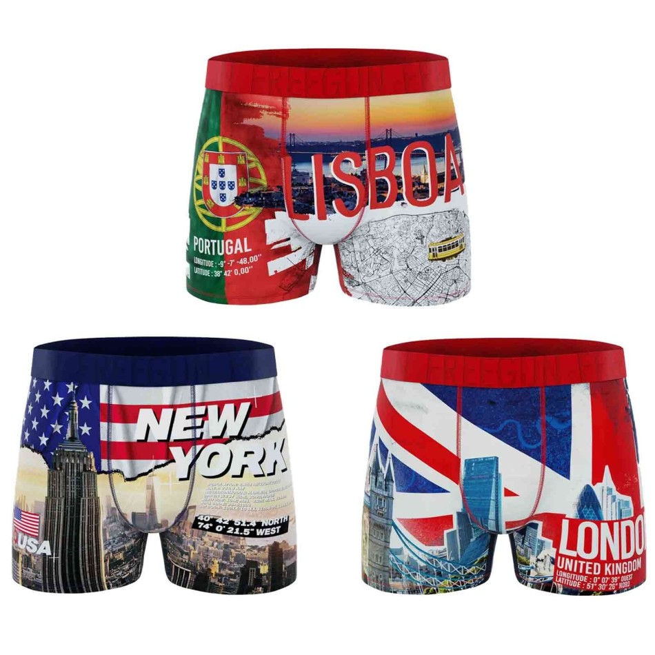 Boxershorts för män Freegun "City Pack - Set om 3 - New York, Lissabon, London - Comfort Microfiber