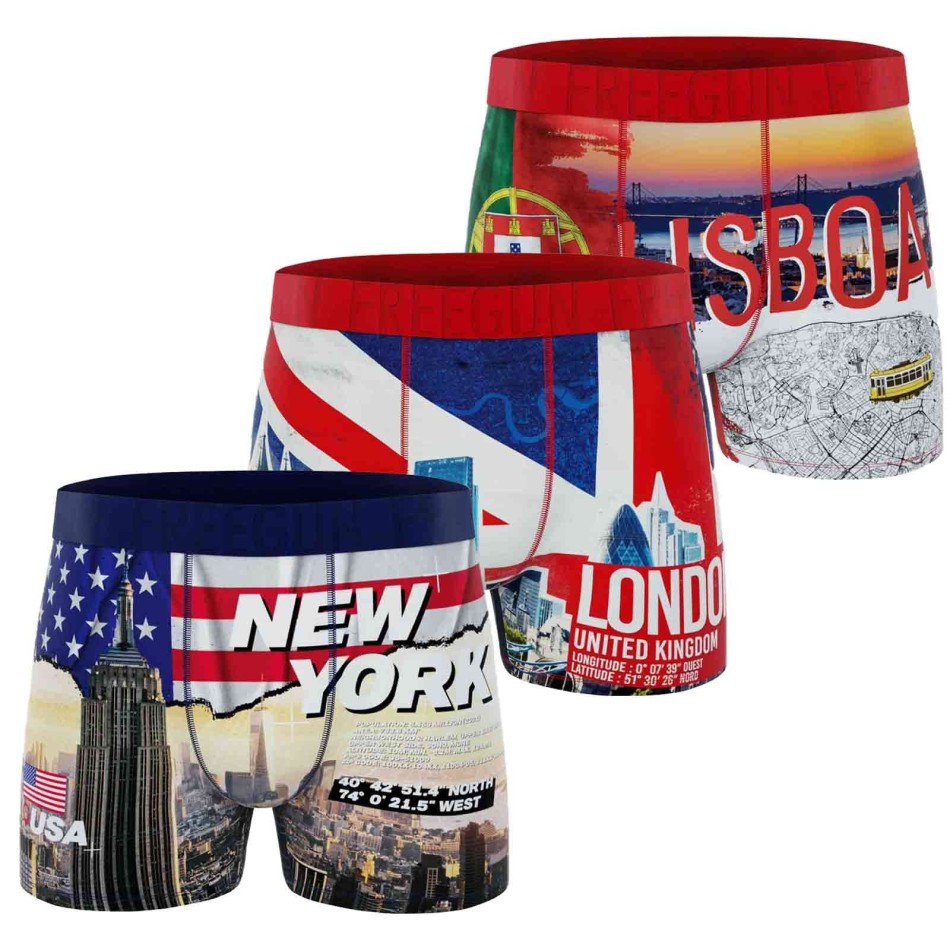Men's Boxers Freegun "City Pack - Set of 3 - New York, Lisbon, London - Comfort Microfiber