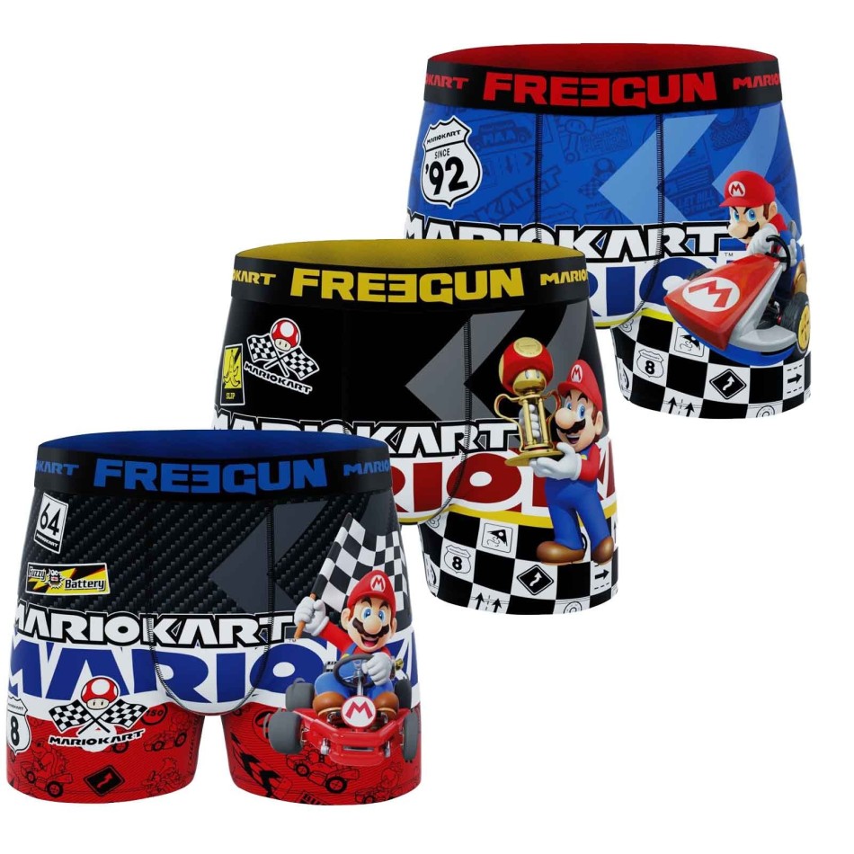 FREEGUN Set om 3 "Super Mario Kart" mikrofiberboxershorts för män