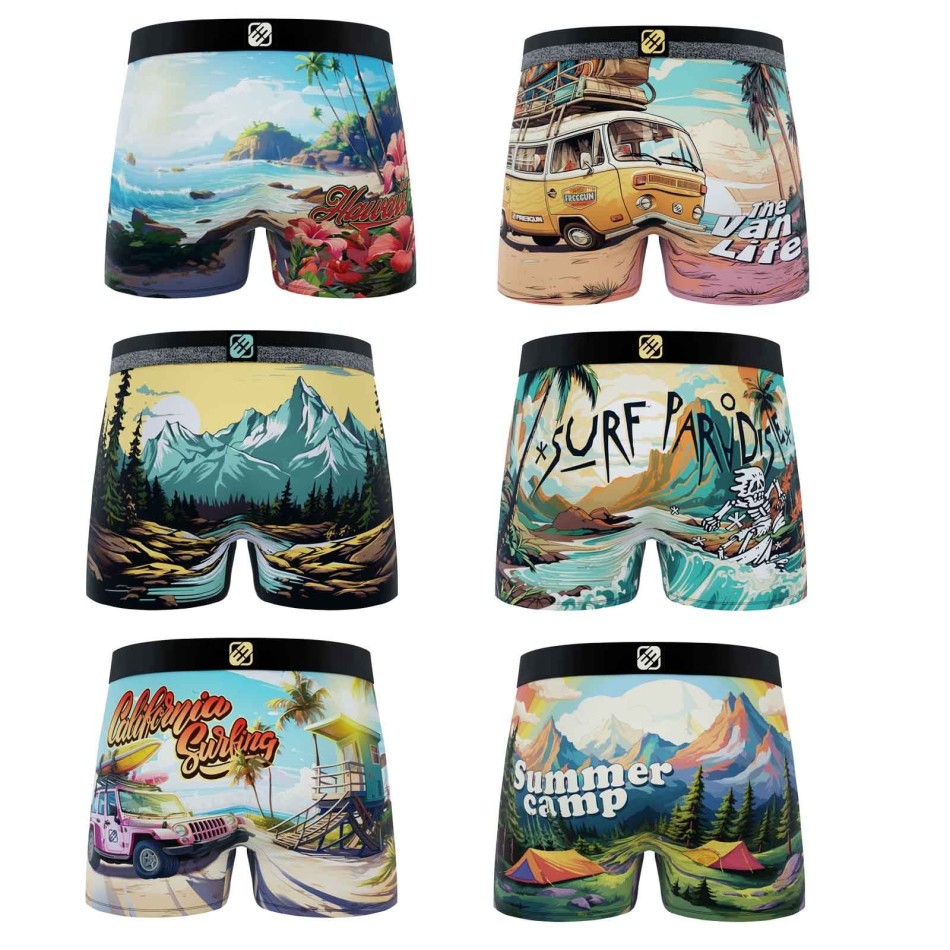 Set med 6 boxerkalsonger för män Freegun "Wild Summer - Bekväm och andningsbar mikrofiber - Sommaräventyrsmönster |French Market