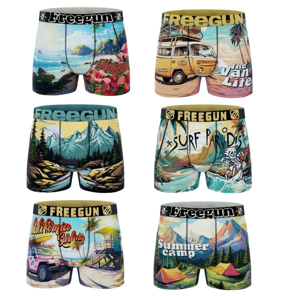 Set med 6 boxerkalsonger för män Freegun "Wild Summer - Bekväm och andningsbar mikrofiber - Sommaräventyrsmönster |French Market