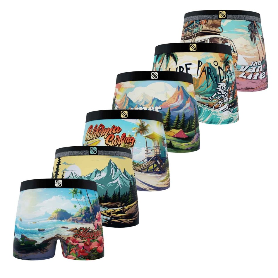 Set med 6 boxerkalsonger för män Freegun "Wild Summer - Bekväm och andningsbar mikrofiber - Sommaräventyrsmönster |French Market