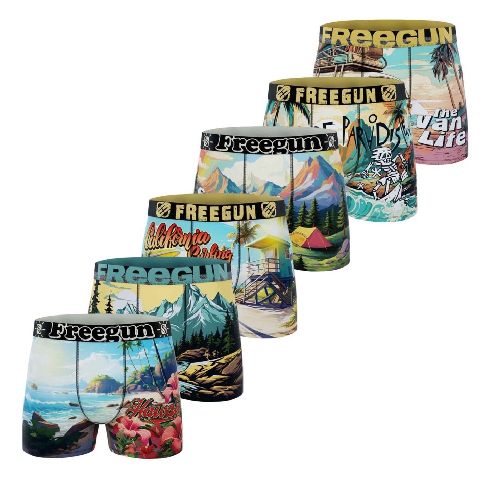 Set med 6 boxerkalsonger för män Freegun "Wild Summer - Bekväm och andningsbar mikrofiber - Sommaräventyrsmönster |French Market