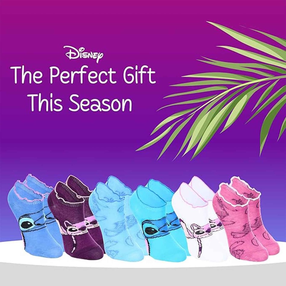 Förpackning med 6 par Lilo & Stitch Girl Socks - Frilly Finishes - Disney Licence