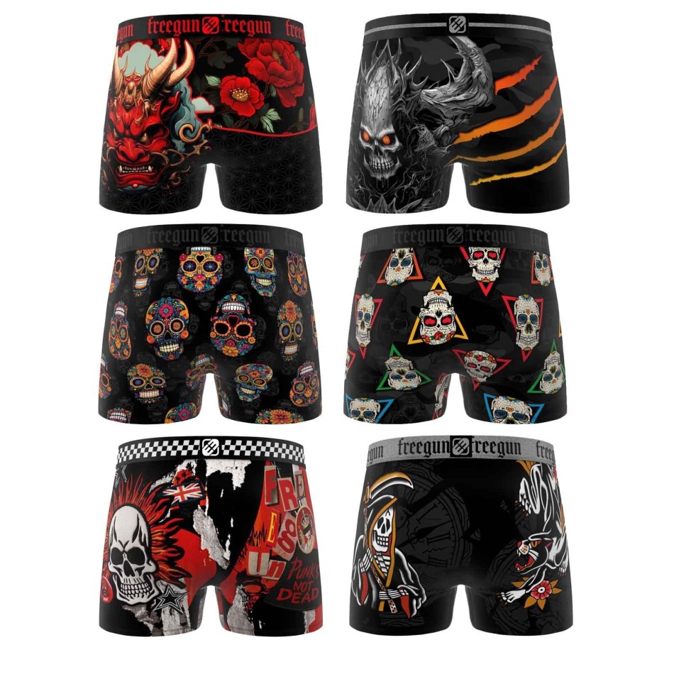 FREEGUN Set om 6 boxershorts med dödskalle och tatuering i mikrofiber för män Fri leverans