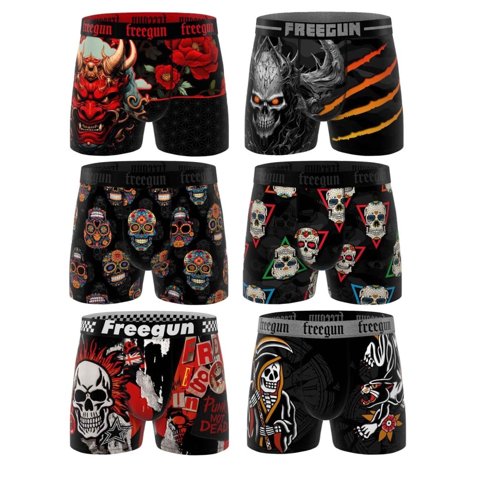 FREEGUN Set om 6 boxershorts med dödskalle och tatuering i mikrofiber för män Fri leverans