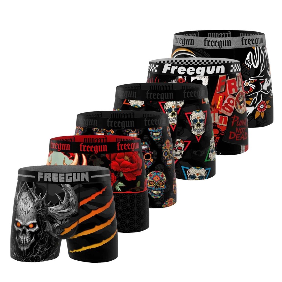 FREEGUN Set om 6 boxershorts med dödskalle och tatuering i mikrofiber för män Fri leverans