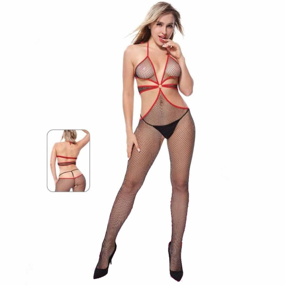 Svart & röd fisknätsjumpsuit - Sexig bodystocking för kvinnor