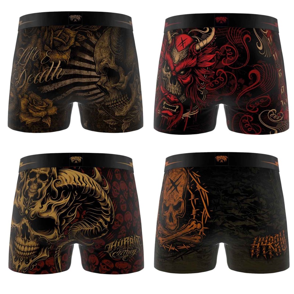 FREEGUN Lot de 4 Boxers Homme Rock & Tattoo "HYRAW" Skull Tête de Mort Motard