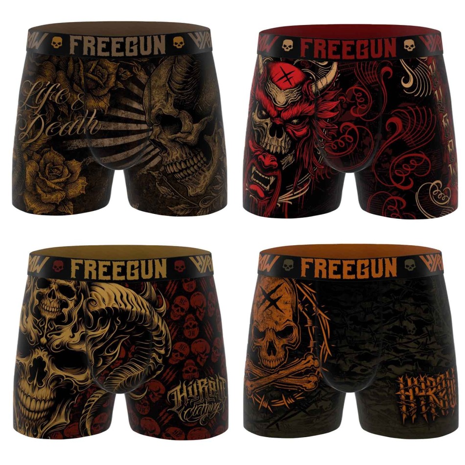 FREEGUN Set om 4 Rock & Tattoo "HYRAW" Skull & Crossbones boxershorts för män