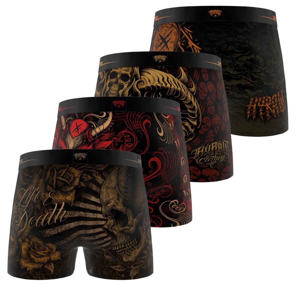 FREEGUN Set di 4 boxer da uomo Rock & Tattoo "HYRAW" con teschio e ossa incrociate