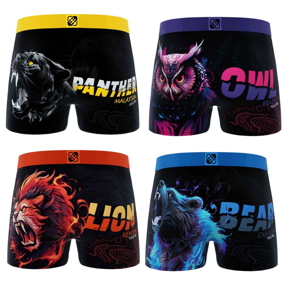 FREEGUN Set van 4 premium dierenboxershorts voor jongens Leeuw, Tijger, Wolf
