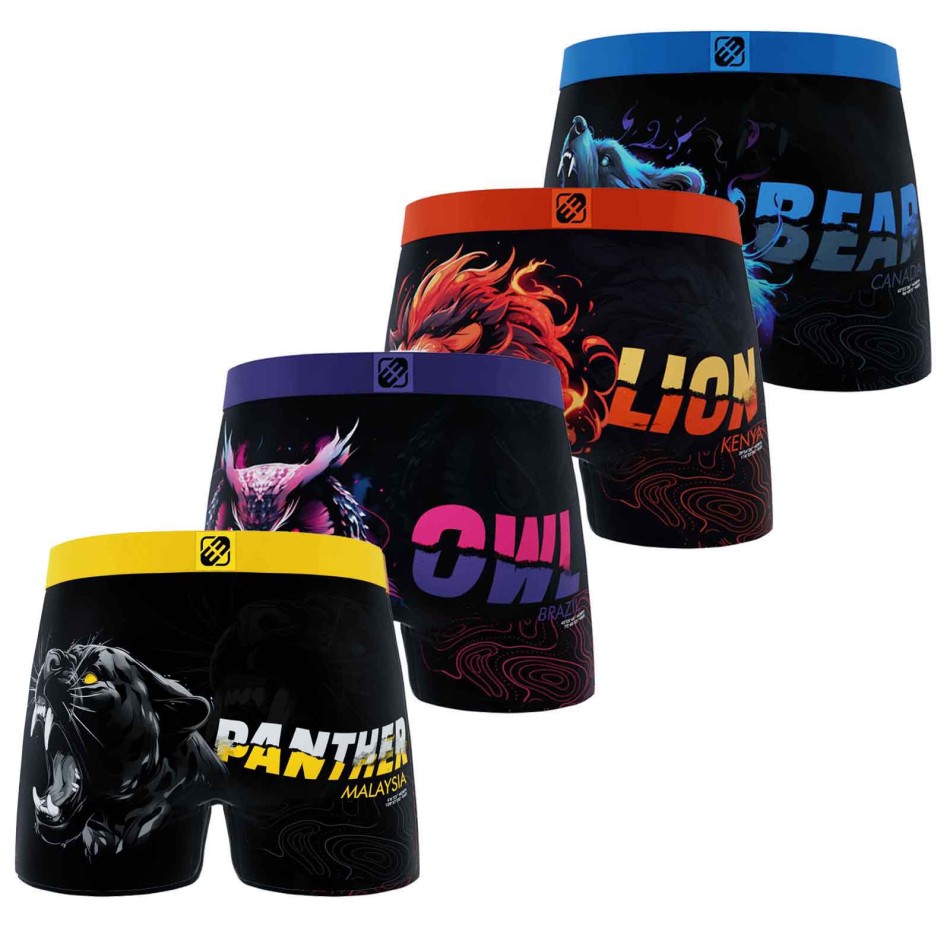 FREEGUN Set van 4 premium dierenboxershorts voor jongens Leeuw, Tijger, Wolf