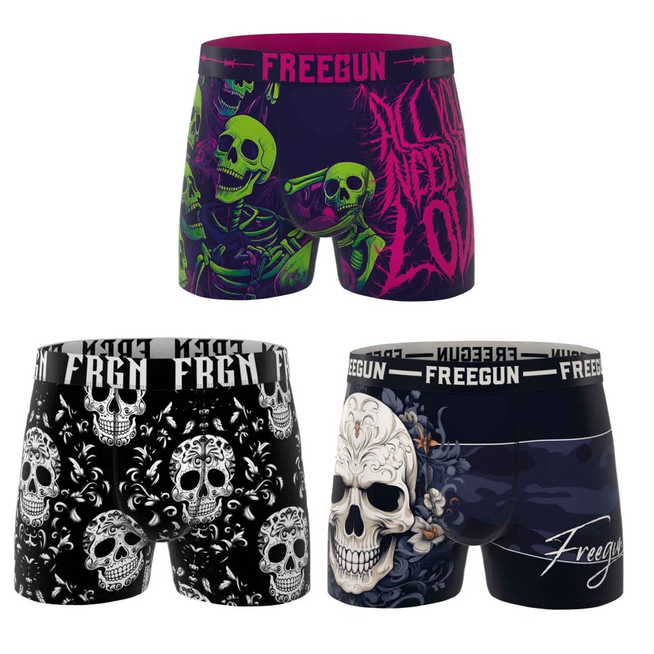 FREEGUN Set di 3 boxer in microfibra con teschio per ragazzi - Boxer con teschio per bambini