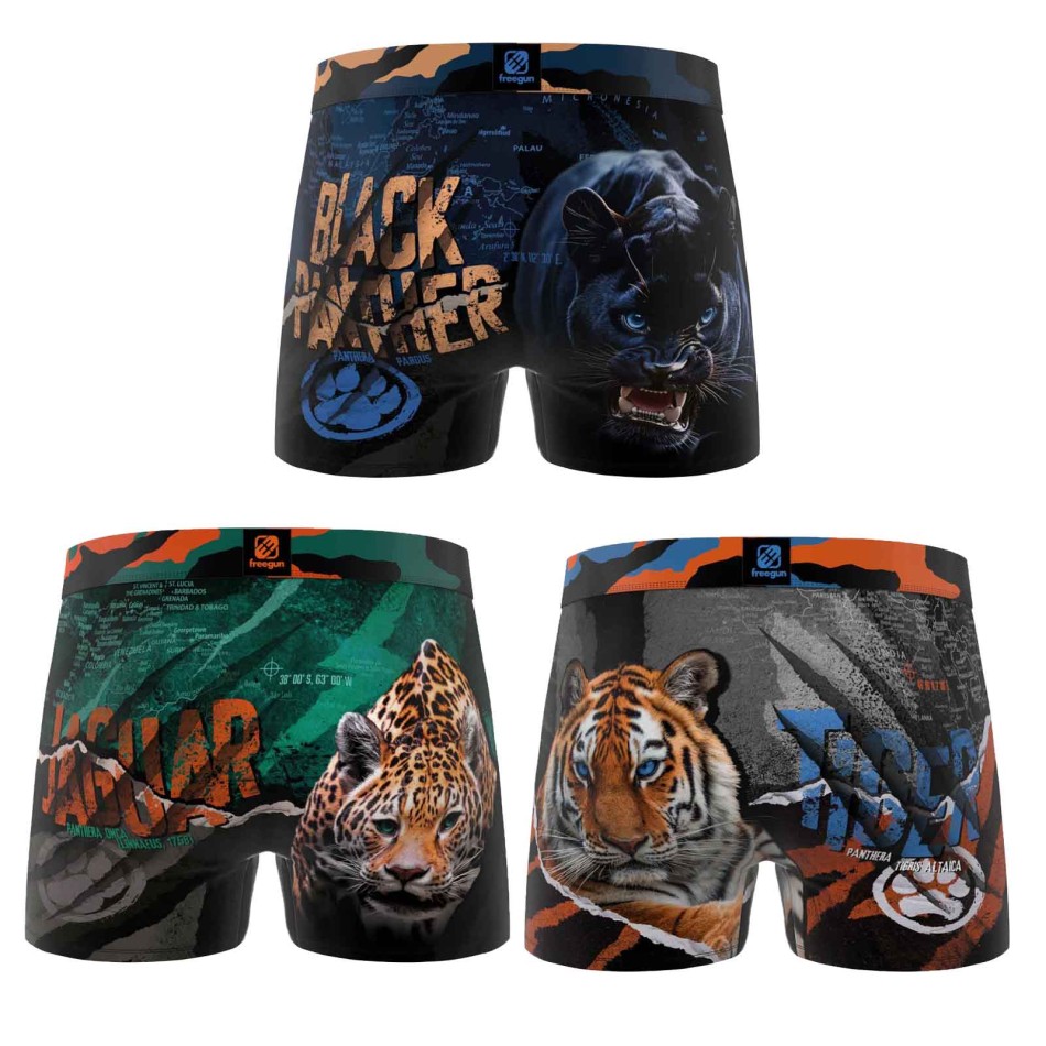 FREEGUN Set of 3 Animal Microfiber Boxer Briefs for Boys - Children's Boxer Freegun Panther Tiger Wolf