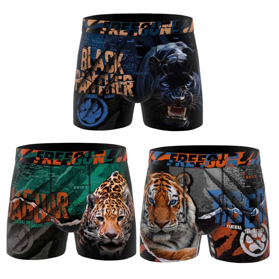 FREEGUN Juego de 3 calzoncillos de microfibra de animales para niños - Boxer para niños Freegun Pantera Tigre Lobo