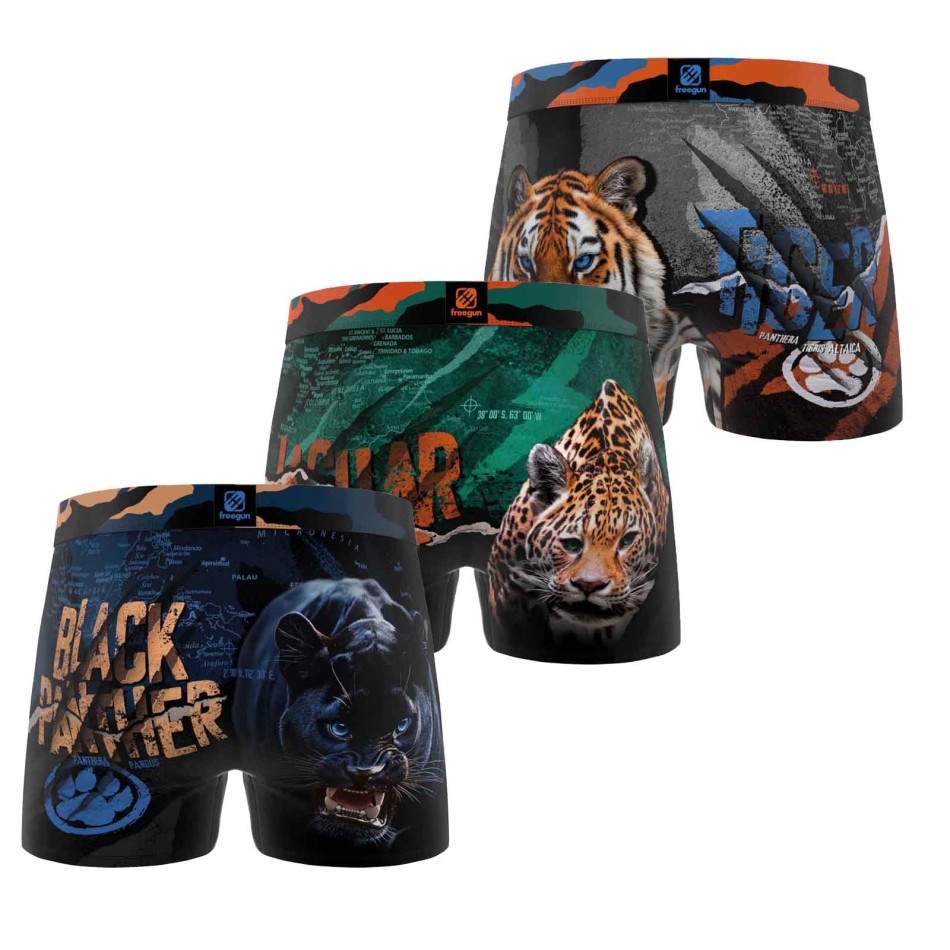 FREEGUN Juego de 3 calzoncillos de microfibra de animales para niños - Boxer para niños Freegun Pantera Tigre Lobo