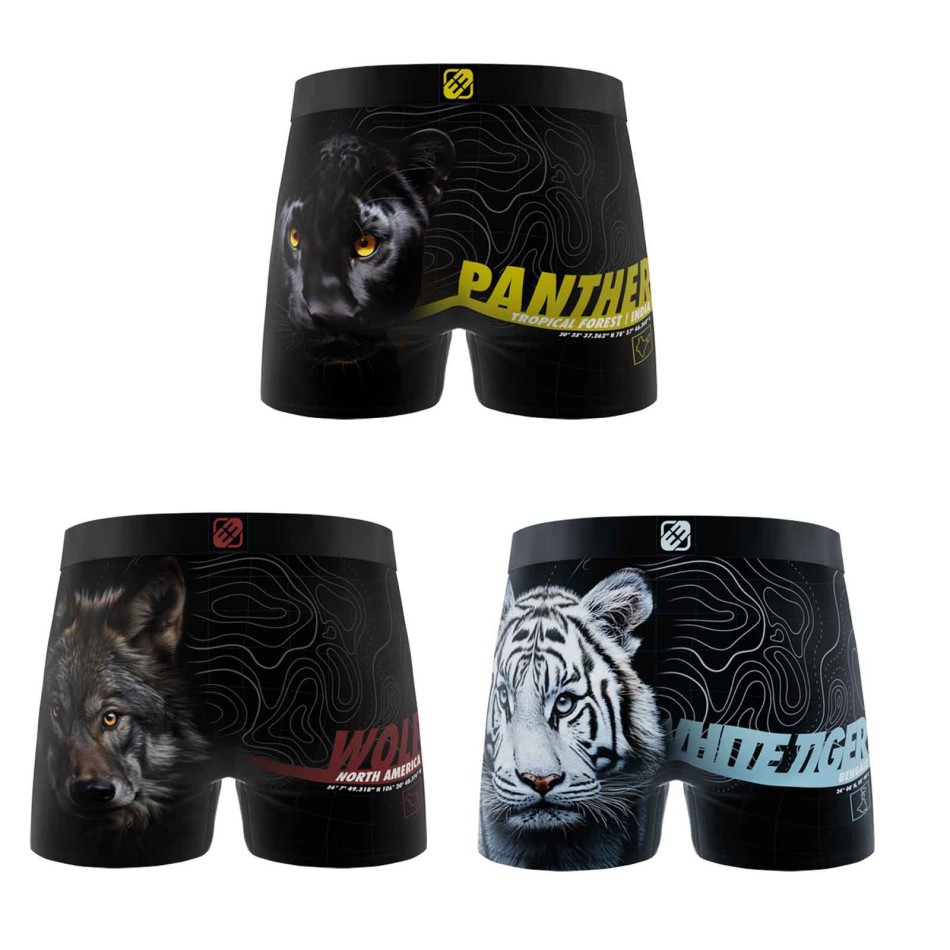 FREEGUN Juego de 3 calzoncillos de microfibra de animales para niños - Boxer para niños Freegun Pantera Tigre Lobo