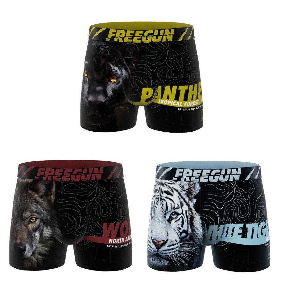 FREEGUN Set van 3 dieren Microvezel Boxerslips voor jongens - Kinderboxer Freegun Panter Tijger Wolf