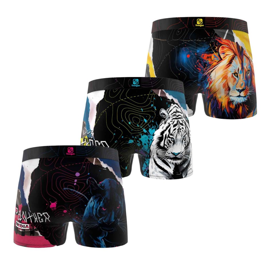 FREEGUN Lot de 3 Boxers Garçon Microfibre Animaux – Boxer Enfant Freegun Panthère Tigre Loup